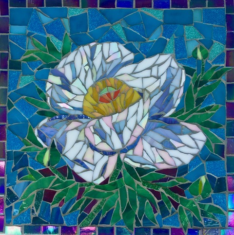 Matilija Poppy.   8”x8” stained glass, glass tile.  $125 – SOLD